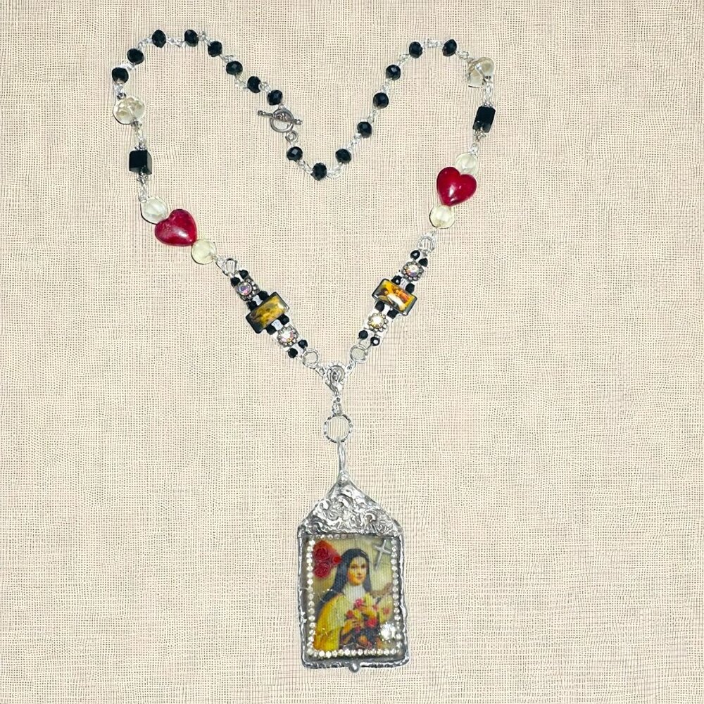 Handcrafted St Teresa Glass Shadow Box Pendant & Artisan Metalwork & Necklace - Picture 12 of 12